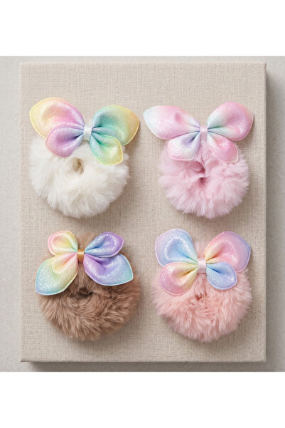 Aselaksesuarr 4'lü Set Simli Gökkuşağı Fiyonklu Peluş Scrunchie Lastik Toka
