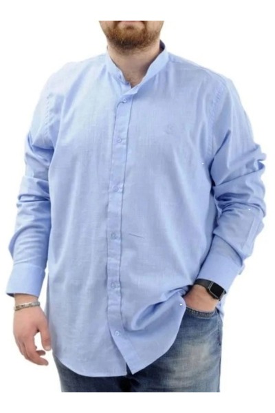 cusseli Large Size Men's Shirt Long Sleeve Lycra Linen Shirt C20385 Blue