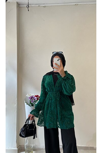 DİLEKBUTİK Zümrüt yeşili tül yazlık kimono