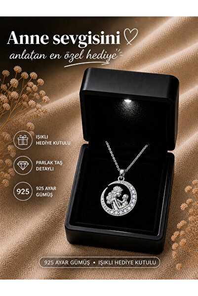 RAME 925 Ayar Gümüş Anne & Bebek Ay Kolye – Taşlı Tasarım, Işıklı Hediye Kutulu