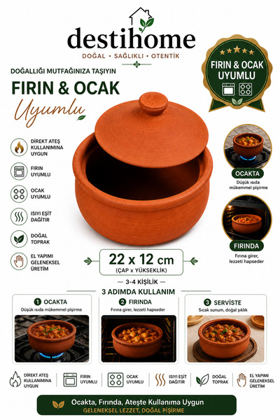 DestiHome Doğal Topraktan El Yapımı Fırınlanmış Tencere Güveç Orta Boy( 22x12...