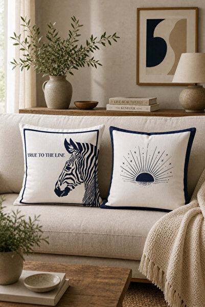 Zebra-Bohem Desenli Keten Kırlent Kılıfı İkili 43*43