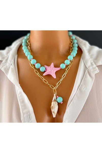 Limi Design Coral Kiss Design Double Necklace,Pink Star Necklace,Bohemian Summer Necklace,Coastal Style,Mint Green Necklace,Chain Necklace