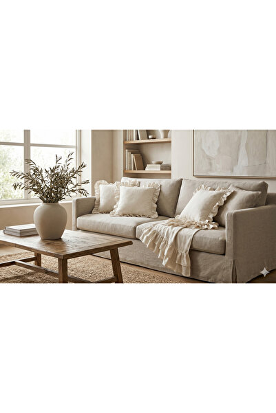 Sister Home Design Bej Fırfırlı Kırlent Kılıfı 4’lü Set ve Runner | Bohem & Z...