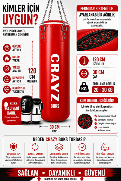 Crazy 120 CM Boks Torbası Seti Eldivenli | Ayarlanabilir Profesyonel Kum Torb...