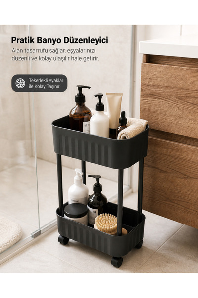 wishhome Tekerlekli 2 Katlı Banyo Düzenleyici Raf/ Çok Amaçlı Organizer Sepet...