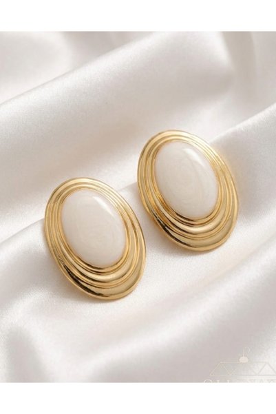 Açıkmeşe Ev Yaşam Ürünleri Vintage Viral Gold Oval Beyaz Küpe - Retro Şıklık