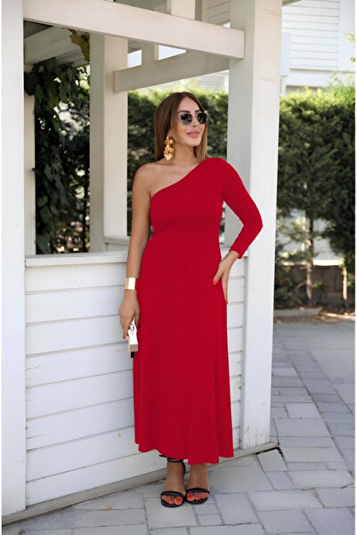 Efnaz style   Women's Long Sleeve One Shoulder Detail Crepe Dress