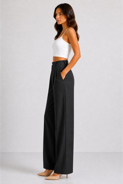 MODA GARDEN 35 Ar66 Women's High-Waisted Wide-Leg Pants – Pleated, Relaxed Fit, Stylish Casual Fabric Trousers
