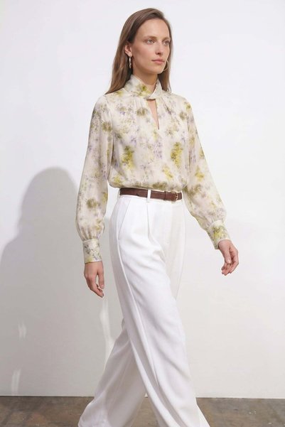 Sateen Floral Patterned Blouse - Green
