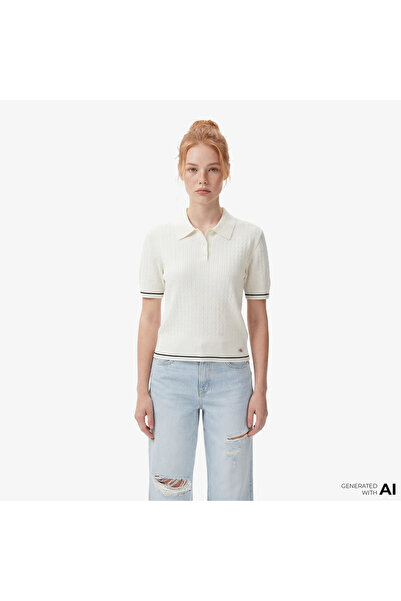 Calvin Klein Woven Label Cropped Cable Kadın Beyaz Triko