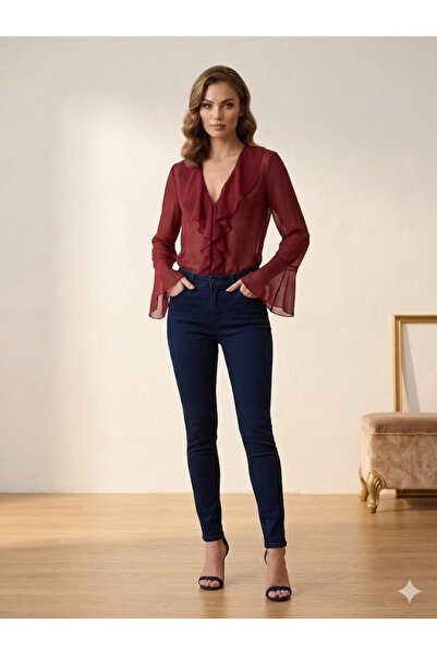 Lady Lydian Burgundy Chiffon Fabric with Flounce Collar, Tie Front, Comfortab...