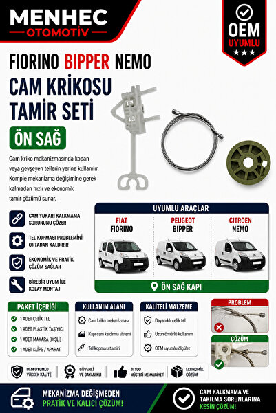 Menhec Otomotiv Fiat Fiorino Bipper Nemo Ön Sağ Cam Kriko Teli Tamir Seti Cam...