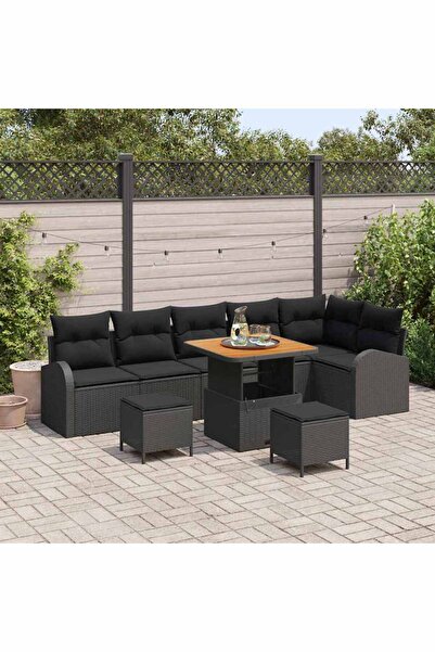 vidaxl Set de canapele pentru gradina cu perna 9 pcs Negru poliratan