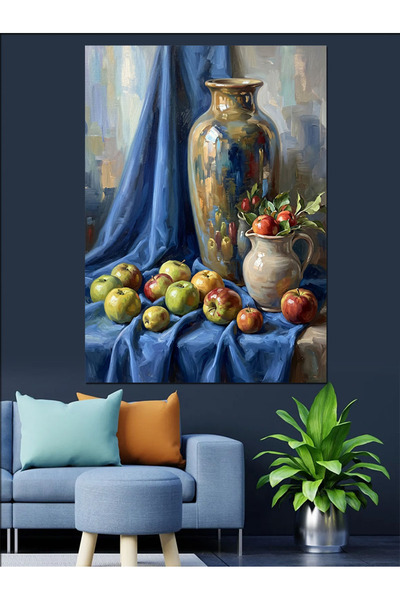 Artmeg Natură moartă cu fructe pe față de masă albastră, pânză decorativă - M...
