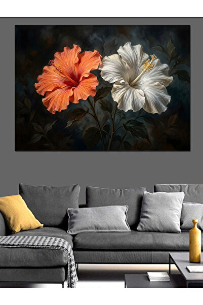 Artmeg Flori portocalii și albe pe fundal negru Pânză decorativă - Masă din l...