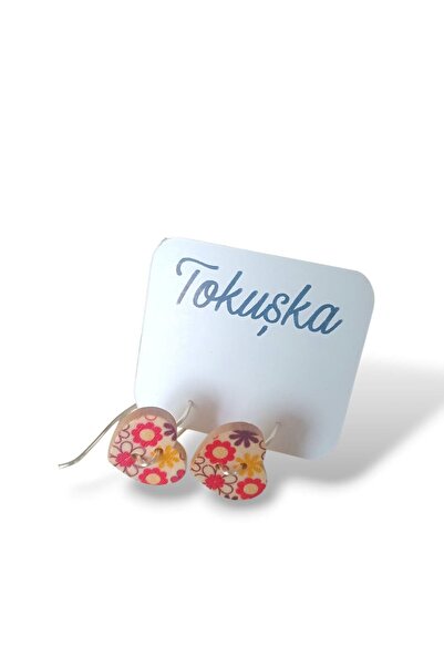 Tokuşka Wooden Heart Shaped Linear Floral Pattern Printed Button Dangle Earrings