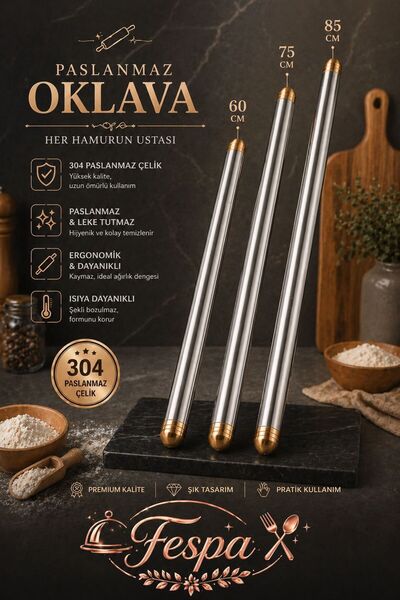 Fespa 304 Paslanmaz Çelik Oklava Seti 3'Lü 60-75-85 cm | Profesyonel Hamur Aç...