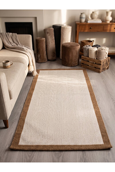 Myevilla Vektör Sisal Halı Kaymaz Taban Silinebilir Yıkanabilir Modern Salon Mutfak Koridor Halısı Beyaz Jüt