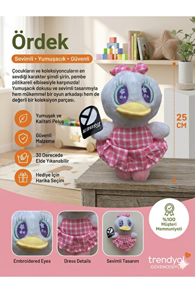 TIGOES Pembe Pötikare Elbiseli Peluş Ördek 25 cm - Yıldız Gözlü Nakışlı Yumuş...