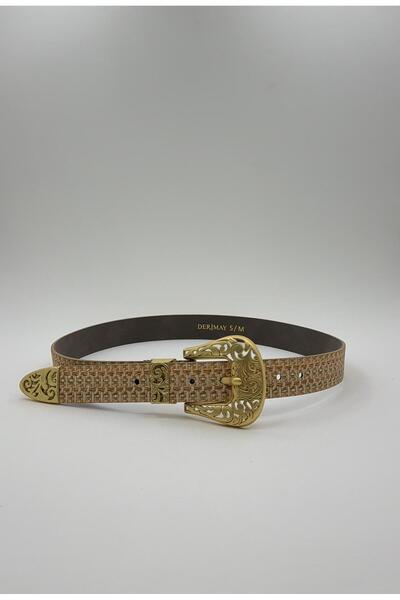 DERİMAY Women's Straw Patterned 3 cm Matte Gold Buckle Stylish Pu Leather Bel...