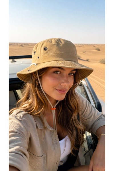 BALIENTE Γυναικείο καπέλο Safari Bucket από λινό Camel με ρυθμιζόμενο κορδόνι