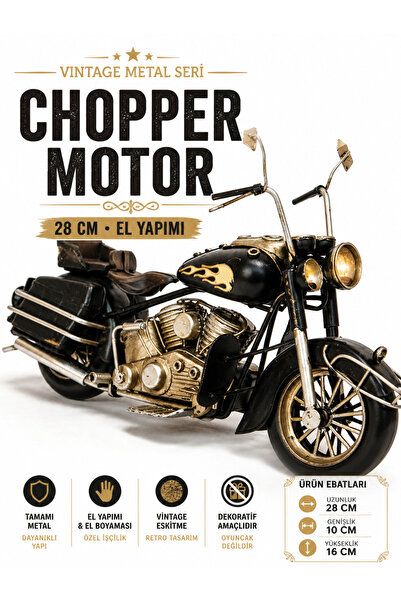 KOLAYEV Dekoratif Metal Chopper Motosiklet 28 cm Vintage Eskitme Tasarım Obje