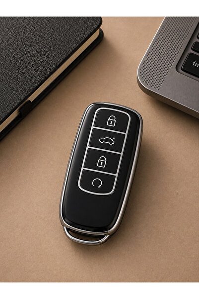 Chery Tiggo 8 Smart 4 Butonlu Anahtar Kumanda Kılıfı Silikon Nano Koruma – Siyah (Gümüş Detay)