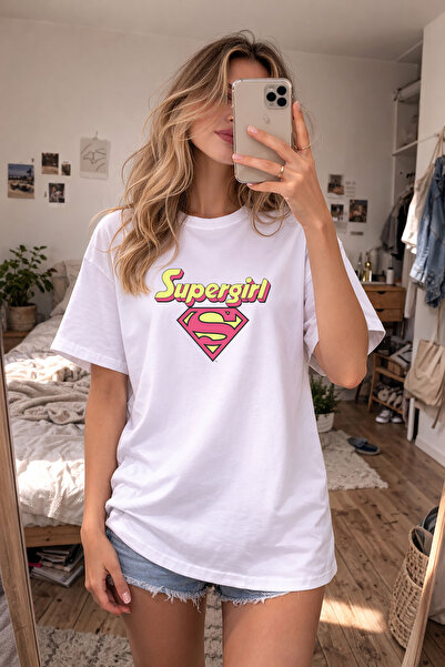 AYDESİGN Tricou alb cu imprimeu Super Girl, cu gât tip crew neck