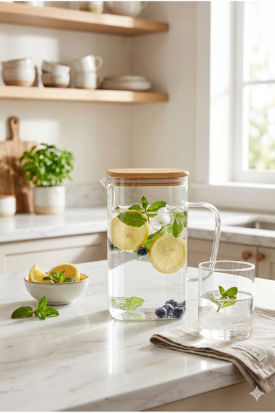 Homerest 1500 ml Borosilikat Cam Sürahi Bambu Kapaklı Isıya Dayanıklı Modern ...