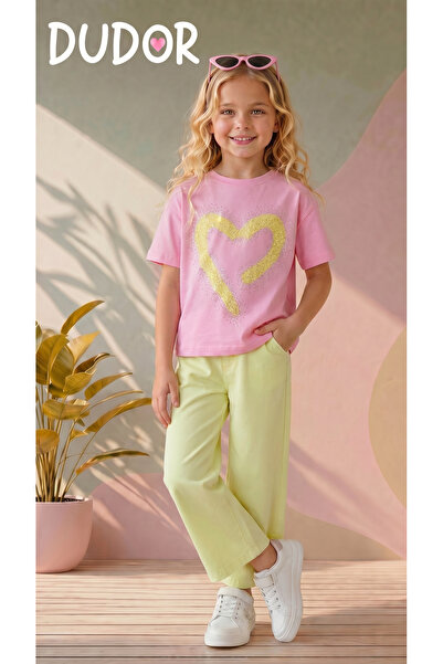 DUDOR KİDS Girls' Stone Printed T-Shirt and Loose-Leg Pants Set - Holiday Col...