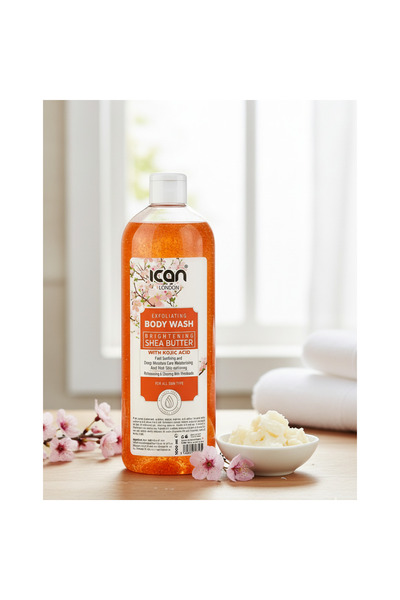 Ican London Shea Butter Body Wash with Kojic Acid 1000ml – Brightening & Exfoliating Shower Gel | Deep Moisturising, Smooth & Radiant Skin