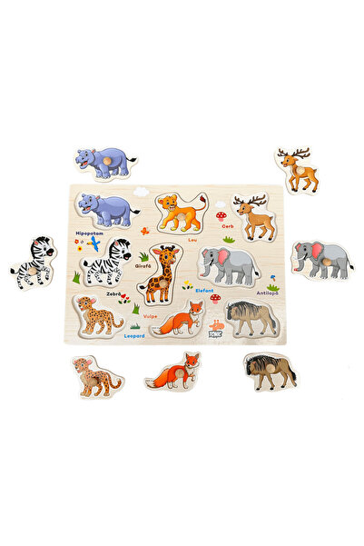 Junios Puzzle incastru din lemn in Limba Romana, Invatam Animalutele Salbatice