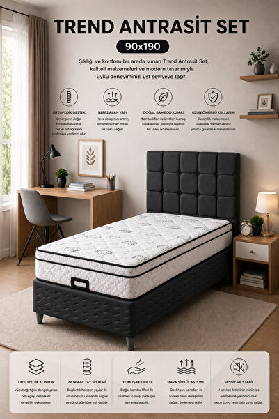 EVİTAÇ MOBİLYA Trend Antrasit Yatak Baza Başlık Seti 90x190