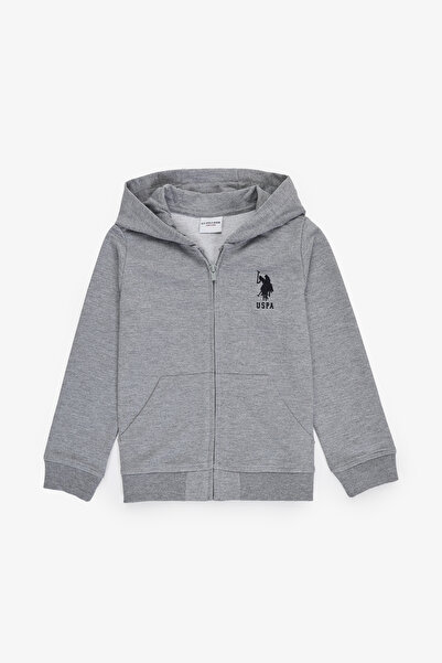 U.S. Polo Assn. Erkek Çocuk Gri Melanj Kapüşonlu İnce Fermuarlı Basic Sweatsh...