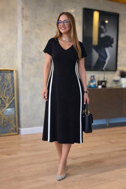 DRESSIFY WOMEN’S FASHION فستان نسائي متوسط الطول من الفيسكون بأكمام قصيرة وياقة على شكل حرف V مع تفاصيل شريطية على الجانبين، فستان صيفي كاجوال