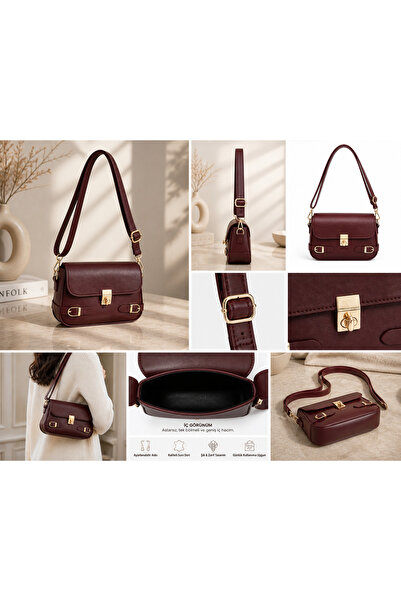 Velinor Collection Kadın Bordo Gold Tokalı Ayarlanabilir Baget Omuz Çantası