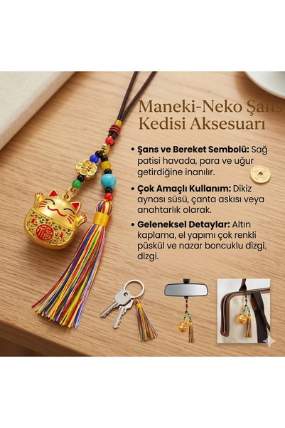 hediye sandalı Gold-Colored Maneki-Neko Lucky Cat Figurine with Tassel Rearview Mirror and Bag Accessory