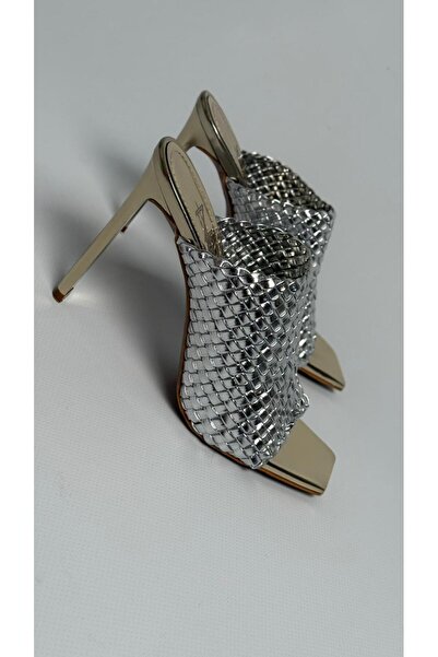 Naz Luxury Shoes MOJİZ ÖRGÜ TOPUKLU TERLİK GÜMÜŞ