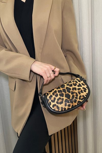 Fibag Women's Black Leopard Detailed - Adjustable Long Strap Hand and Shoulder Bag
