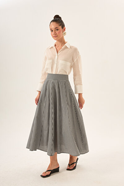 LADYA COLLECTION Fusta lungă neagră cu model Gingham, talie înaltă, cu pliuri...