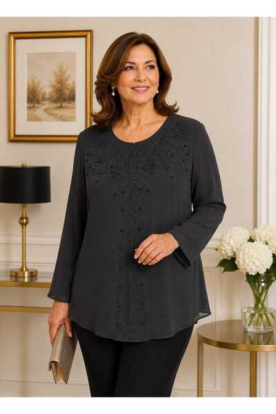 BY AKTEPE STORE Plus Size Stone Embellished Chiffon Look Evening Dress Blouse...