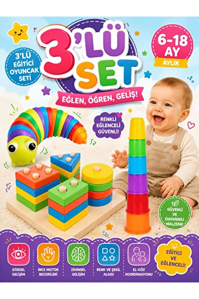 SAZE 3’lü Eğitici Oyuncak Seti Hareketli Tırtıl Geometrik Şekil Dizme ve İsti...