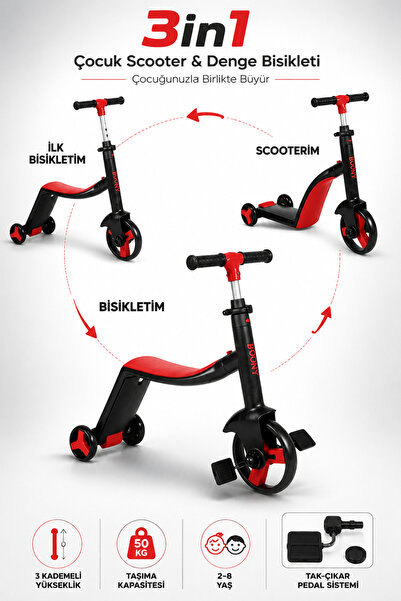 YILDIRIM OYUNCAK 3in1 Çocuk Scooter & Pedallı Denge Bisikleti – 2-6 Yaş Ayarl...