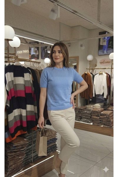 ALCHON Round Neck Short Sleeve Openwork Perforated Plain Basic Summer Spring Knitwear Blouse
