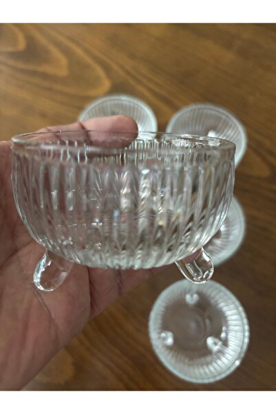 DİBA AVM 6lı üç ayaklı çizgili kase sunum luk reçellik kahvaltı kase dondutmalık 120 ml-8 cm