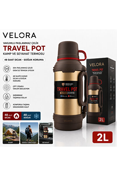 VELORA 2L Travel Pot Çelik Termos 48 Saat Sıcak Soğuk Tutucu Vakumlu Kamp Ter...