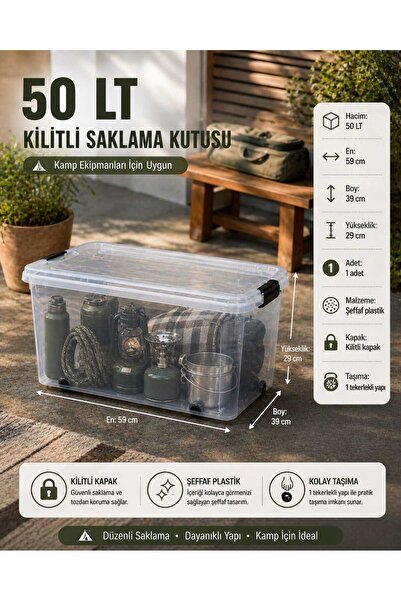 biedda 50 LT Tekerlekli Kilitli Ev Mutfak ve Kamp Saklama Kutusu Şeffaf Plast...