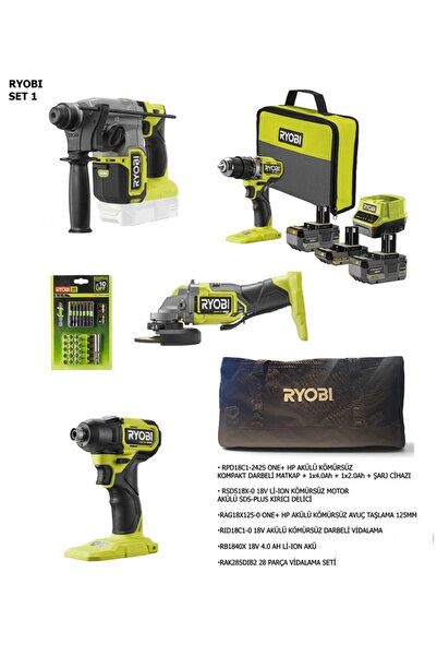 Ryobi ONE+ HP 18V Kömürsüz 4’lü Profesyonel Karma Set (Set 1)