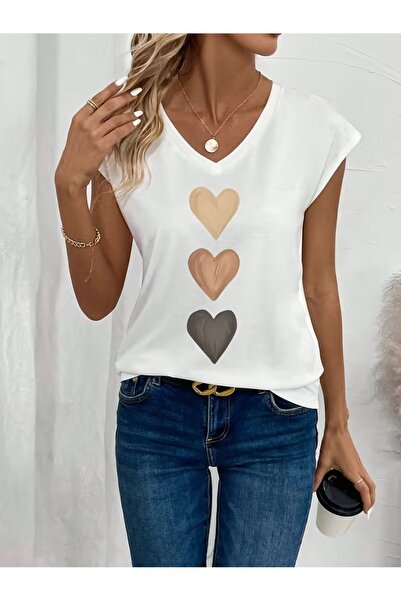 puolikuu Women's Comfortable Fit V-Neck Tshirt Mixed Printed Tshirt